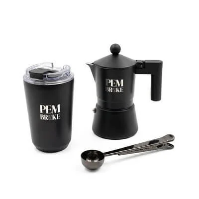 Pembroke moka pot and matching tumbler presented together.