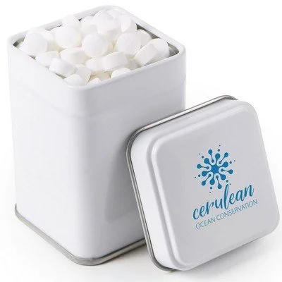 Square mint tin with printed logo and hinged metal lid for promotional products, client gifts and event handouts