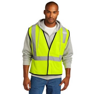 CornerStone ANSI 107 Class 2 mesh safety vest in hi-vis yellow with reflective stripes for branded employee safety gear