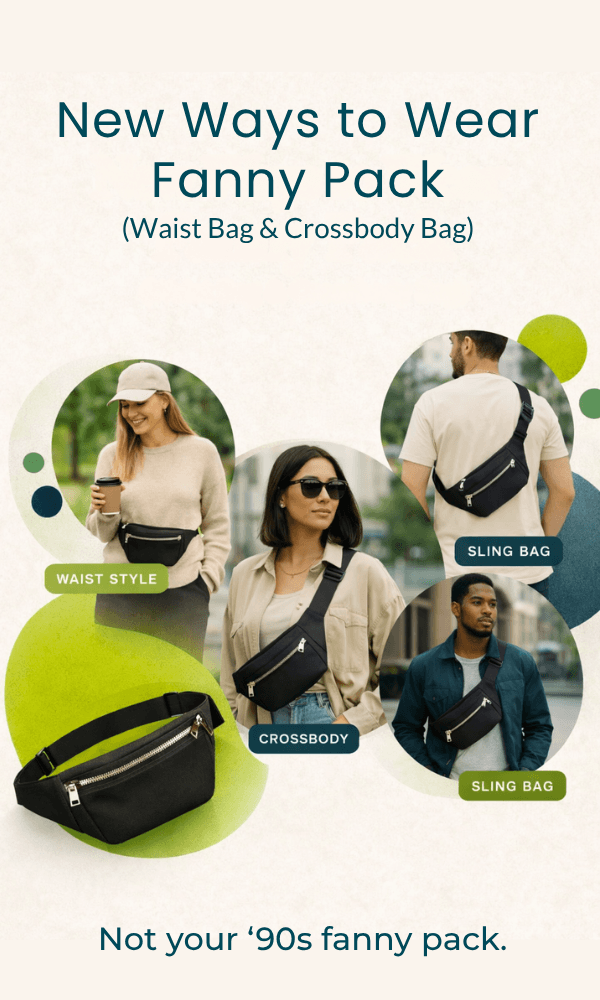 Black fabric fanny pack worn as waist bag and crossbody sling, versatile promotional product for employee and client gifts