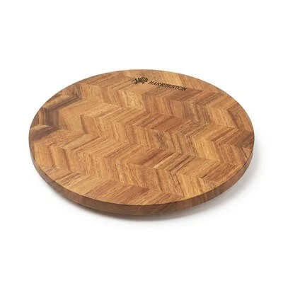 Acacia wood lazy Susan shown from above to reveal the herringbone pattern.