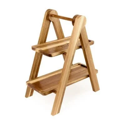 Two-tier wood serving tray styled with both levels visible.