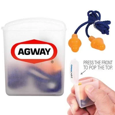 Silicone earplugs with blue nylon cord and clear clip case for employee safety kits and branded workplace merchandise