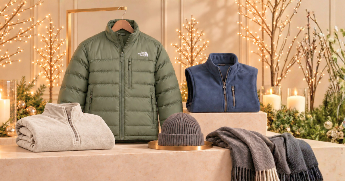 Branded winter jackets, fleeces, and vests displayed in an elegant holiday setting for corporate gifts and team apparel.