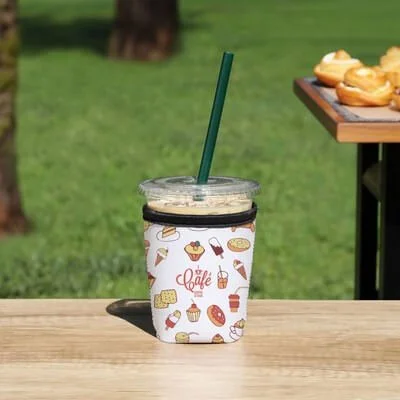 Small neoprene cooler sleeve holding an iced coffee cup.