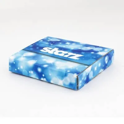hallow rectangular tuck box printed in blue and white with snowflakes, bows, and holiday graphics.