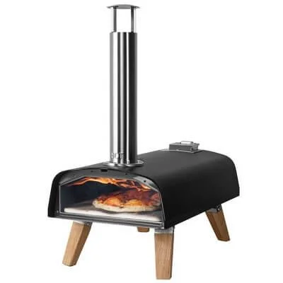 BOSKA pellet pizza oven shown outdoors with its opening and wood details visible.