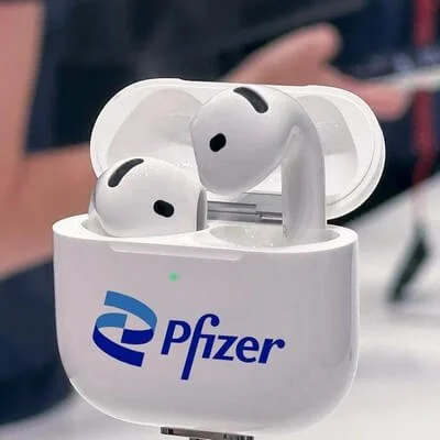 Custom Apple AirPods Gen 4 wireless earbuds with branded case for client gifts, employee gifts and tech merchandise