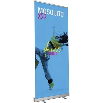 Mosquito 850 retractable banner stand with printed graphic display for branded merchandise and trade show marketing events