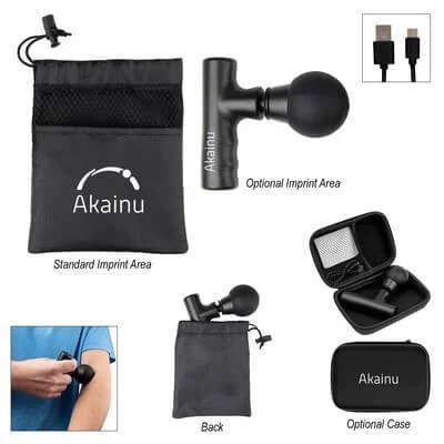 Compact handheld massage gun with its attachment head visible.