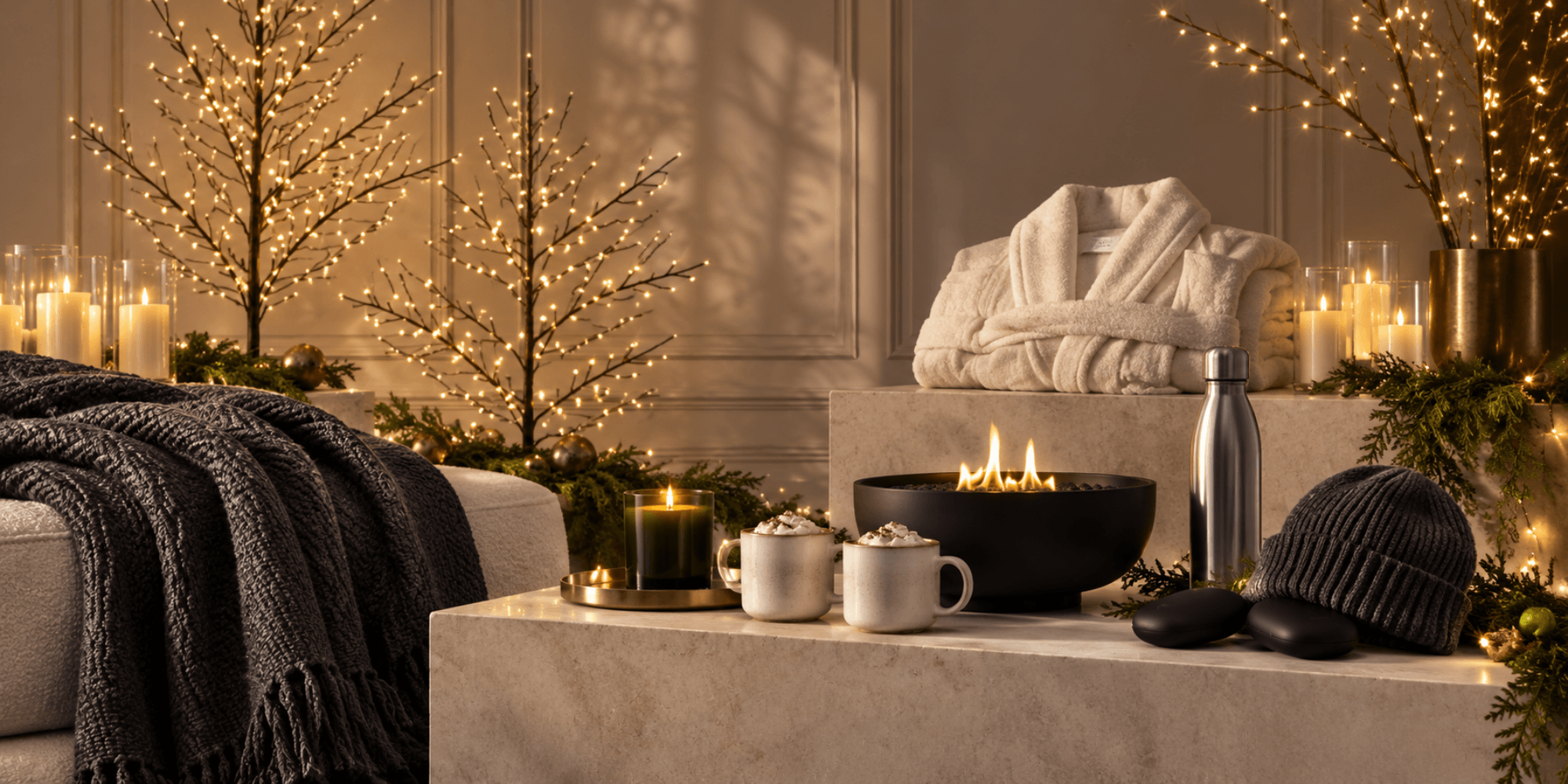 Cozy holiday gifts featuring a blanket, robe, drinkware, candle, knit hat, and tabletop fire bowl in an elegant winter setting.