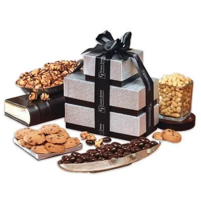 Silver and black gift tower with gourmet snacks and branded presentation for corporate gifts and employee recognition