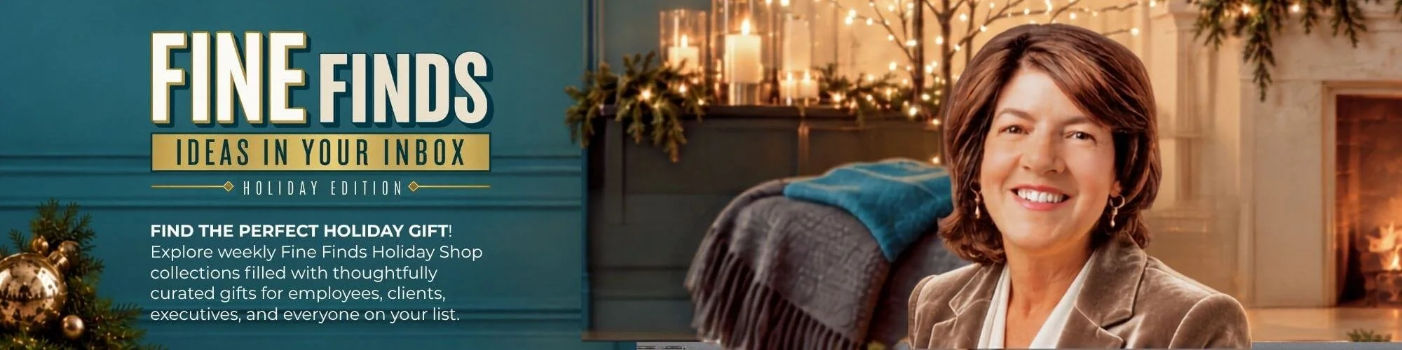 Fine Finds blog banner holiday edition featuring Victoria Fine of Fine Promotions, promoting weekly promotional product ideas and marketing inspiration delivered to your inbox.