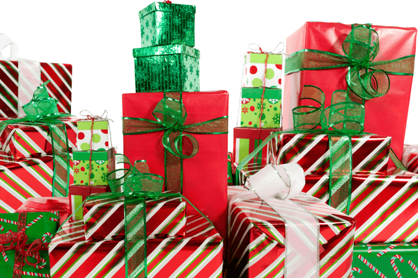 Stack of red and green holiday presents with festive ribbons, symbolizing cozy winter wearables and branded apparel gift ideas from Fine Promotions 2025.