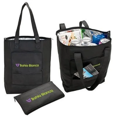 Folding cooler tote shown open beside its compact storage pouch.