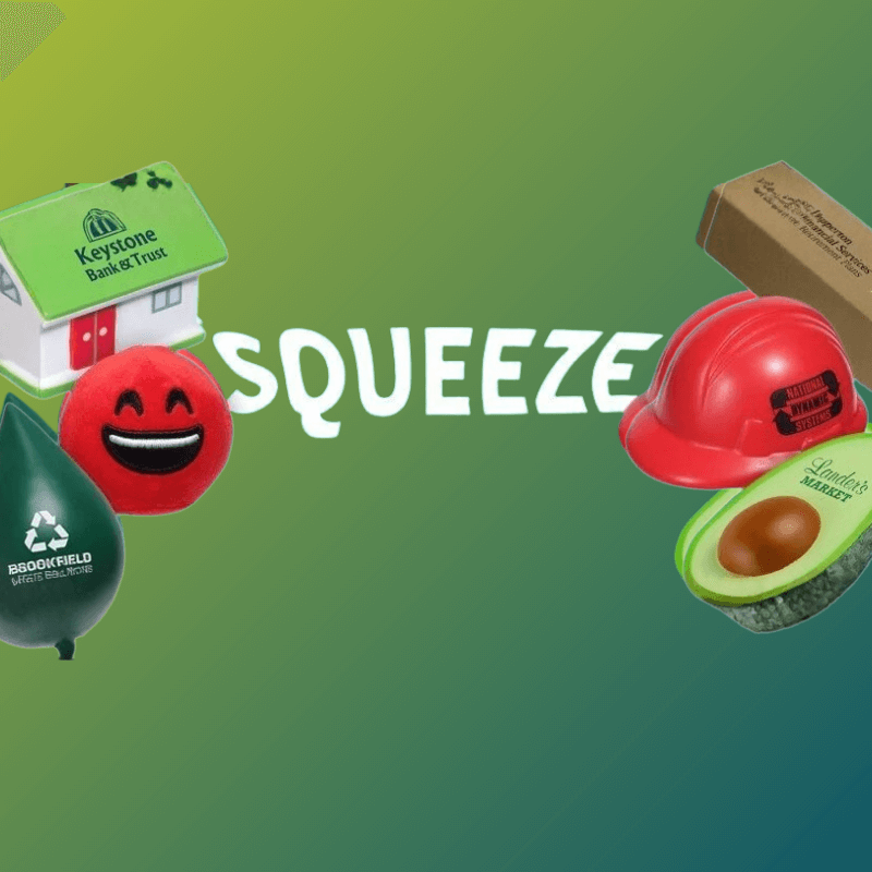 Custom branded stress ball and squeeze toys used as promotional swag, featuring a mini house, hard hat, and avocado squishy..