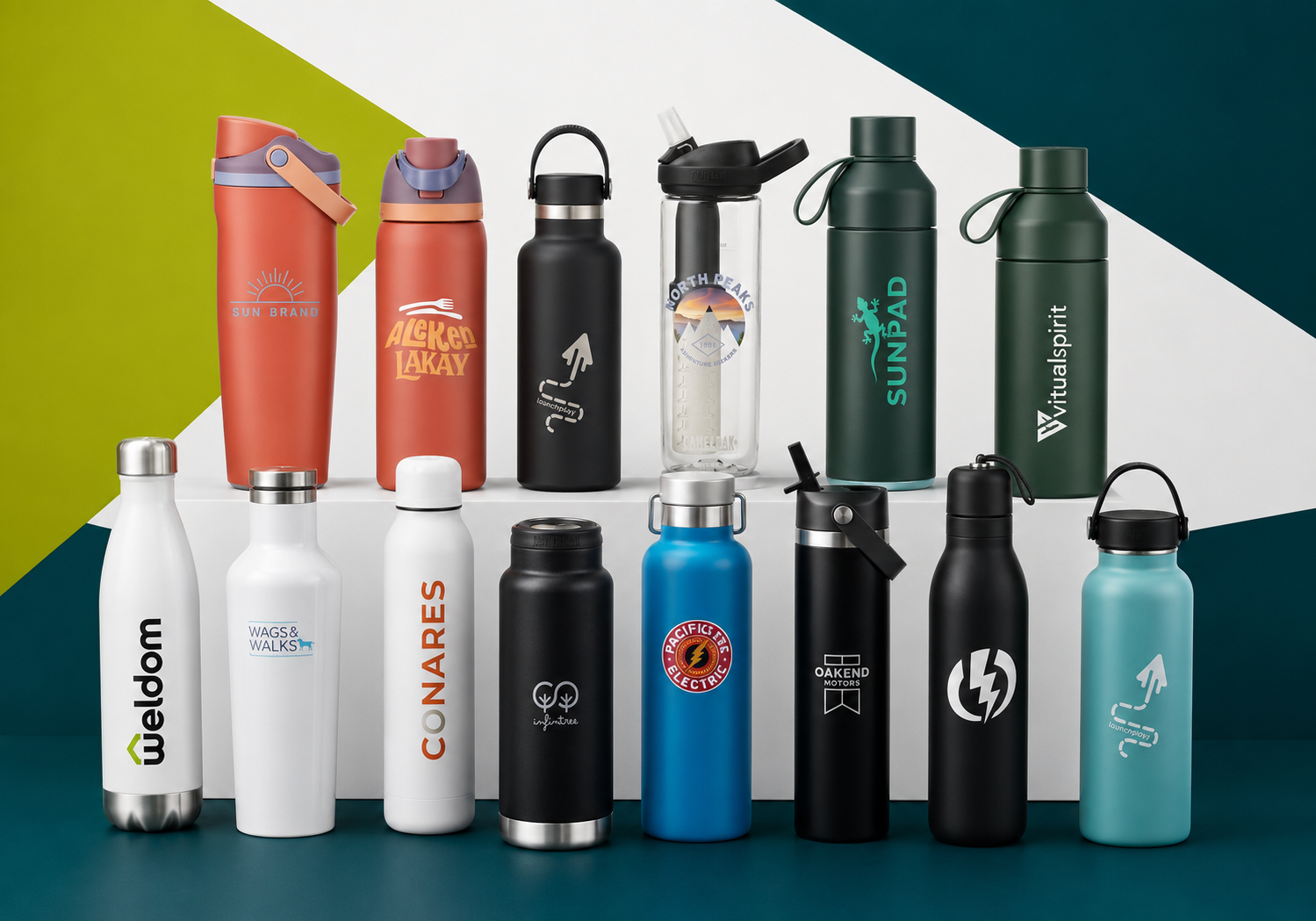 Custom branded water bottles including insulated and reusable drinkware designed for promotional marketing, corporate gifting, and everyday hydration use