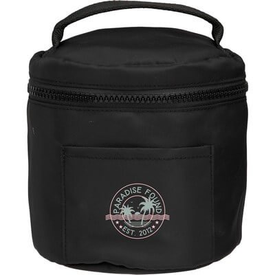 Round recycled travel case shown open with personal items organized inside.