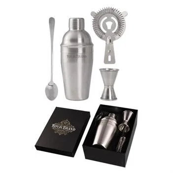 Bartender's mixology cocktail shaker bar set with stainless steel tools for client gifts and branded entertaining merchandise