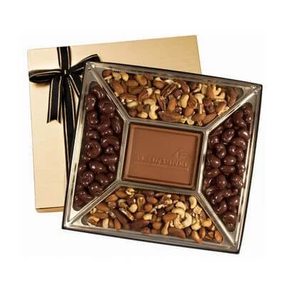 Custom confection gift box with molded chocolate centerpiece and branded packaging for client gifts and holiday promotions