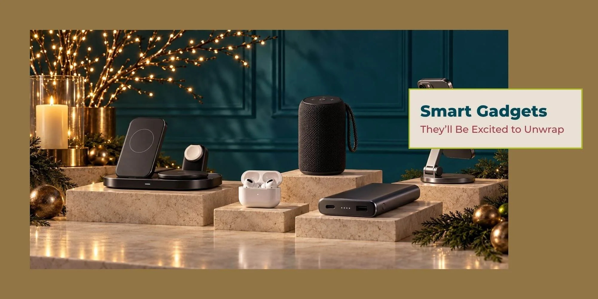 Tech holiday gifts featuring wireless chargers, earbuds, a portable speaker, power bank, and adjustable phone stand in an elegant holiday display.