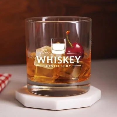 11 oz Alexandria Arc rocks glass with clear glass construction and custom branding for corporate gifts and client appreciation events