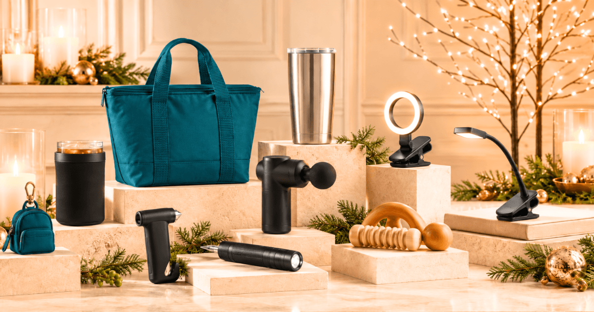 Affordable corporate holiday gifts featuring branded tote bags, drinkware, desk accessories, wellness products, and useful tech gifts.