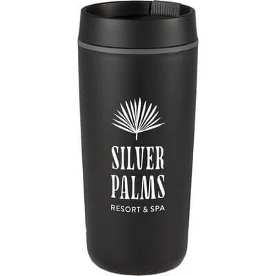 Sixteen-ounce recycled tumbler shown upright with lid.