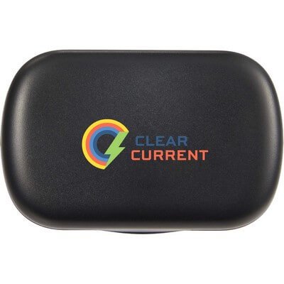 Noise-reducing ear plugs shown beside their storage case.