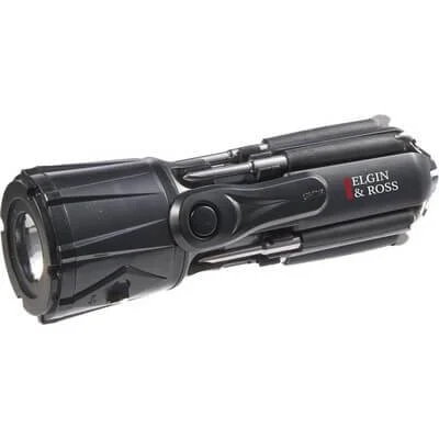 Multi-function screwdriver flashlight with tool bits displayed.