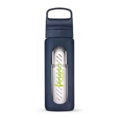 Twenty-ounce glass LifeStraw bottle shown with cap and filter assembly visible.