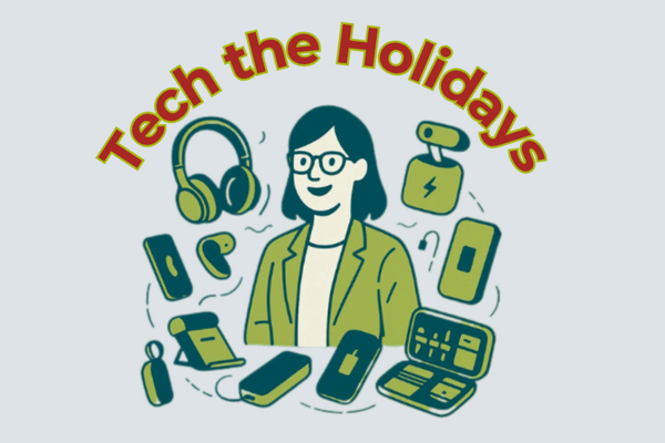Illustration of a professional surrounded by tech gadgets like headphones, chargers, and tablets with the phrase ‘Tech the Holidays’ — representing holiday corporate gifting ideas