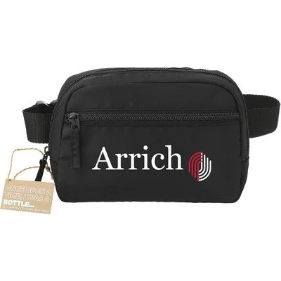 Recycled sport fanny pack in black polyester with zip compartments and subtle logo, used for branded merchandise and employee gifts