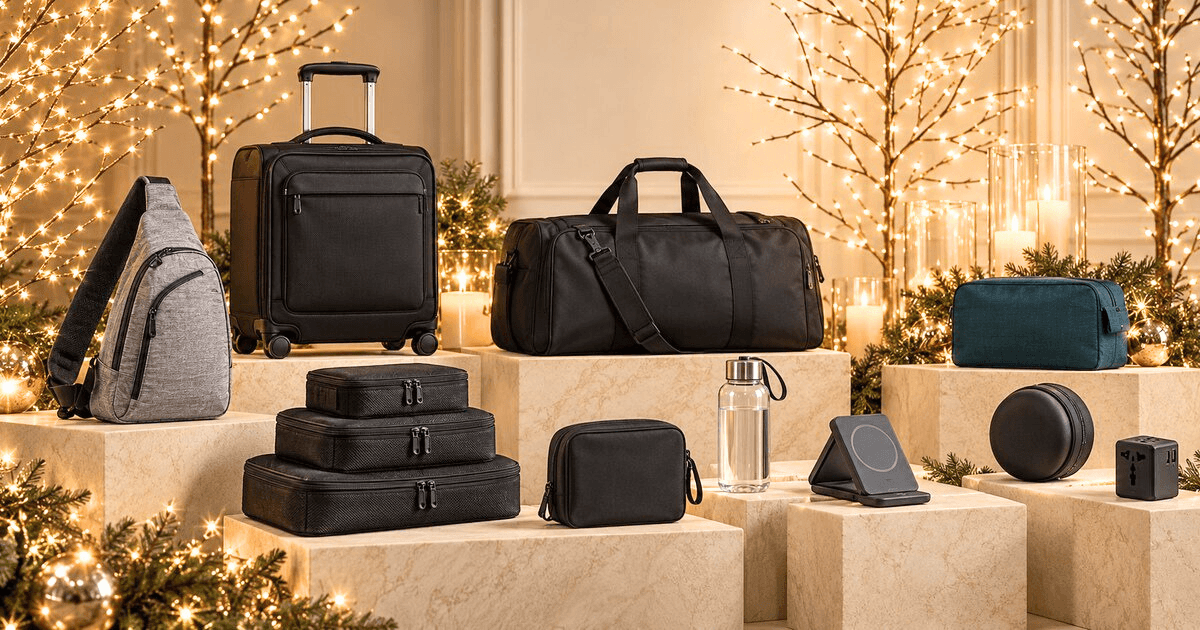 Corporate travel gifts featuring rolling luggage, a weekender bag, backpack, packing organizers, drinkware, and portable tech accessories.