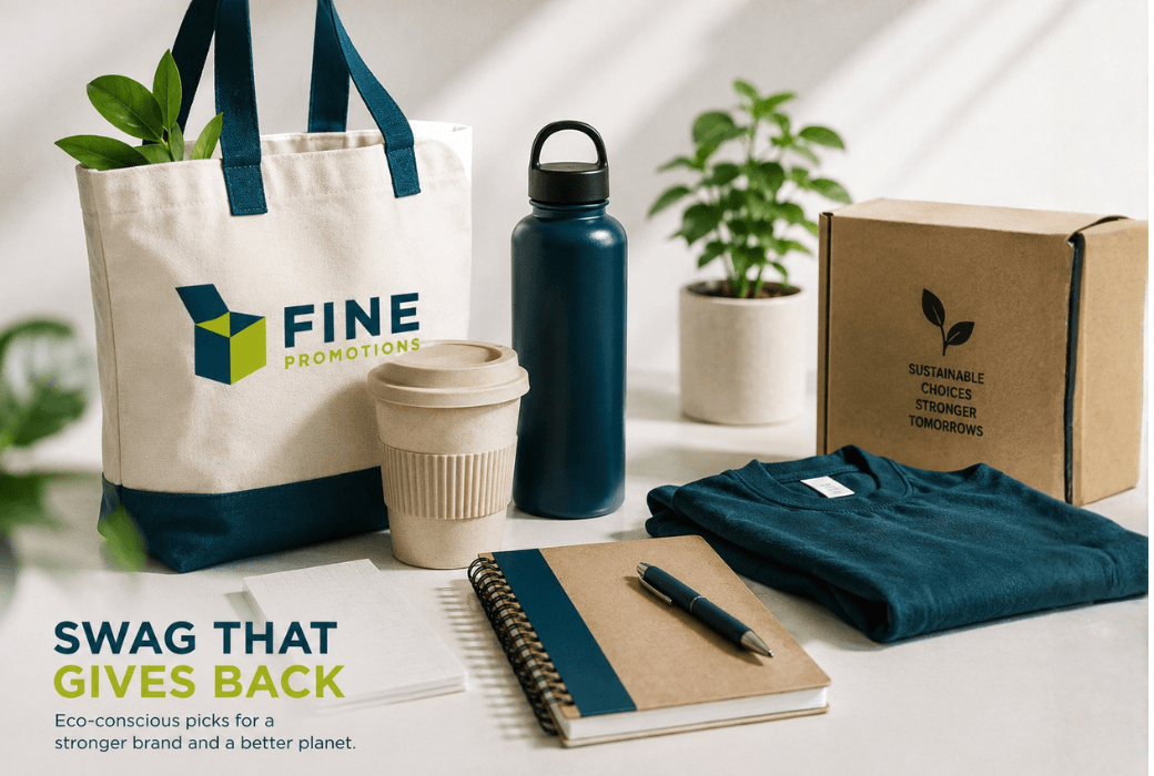 Eco-conscious promotional products, including a reusable tote, water bottle, travel cup, recycled notebook, pen, and branded apparel.