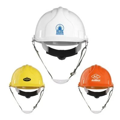ANSI certified hard hat in durable plastic with adjustable suspension and visible logo area for employee safety programs