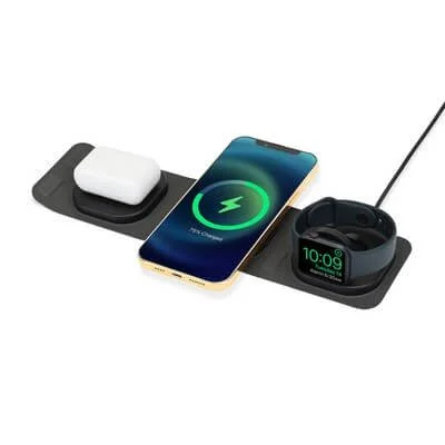 Foldable wireless charger laid open with phone, earbuds, and watch positions visible.