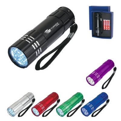 Aluminum LED flashlight with wrist strap and push-button light, used for promotional products and employee safety kits