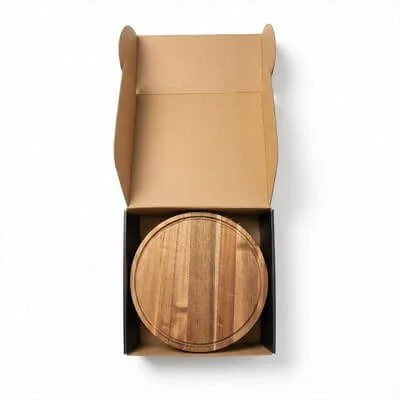 Acacia serving board shown with its clear dome in place.