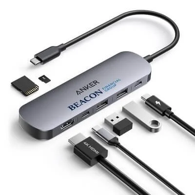 Anker 7-in-1 USB-C hub in pewter silver with multiple connectivity ports for business gifts and branded tech merchandise