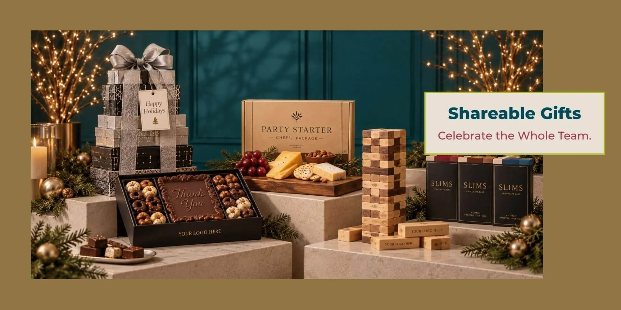 Holiday gifts for teams and offices featuring shareable chocolates, cheese and snacks, a stacking game, and festive gift towers.