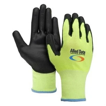 Men's hi-viz cut resistant A4 gloves with dipped palms for employee safety programs and branded workplace merchandise