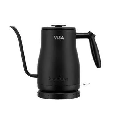 Bodum gooseneck electric kettle shown in profile.