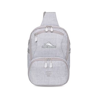 Silver heather High Sierra sling bag worn across the body.