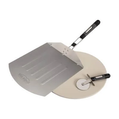Three-piece stainless-steel pizza grill set arranged together.