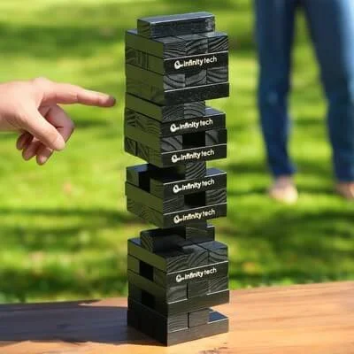 Stack'D Up tumble tower game with wooden blocks and branded packaging for corporate gifts, employee gifts and client events