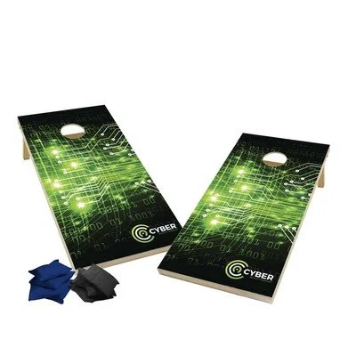 Wood cornhole game set with eight bean bags and branded board surface for promotional products and event engagement