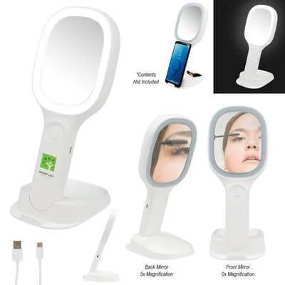 Double-sided lighted mirror positioned to show its charging base.