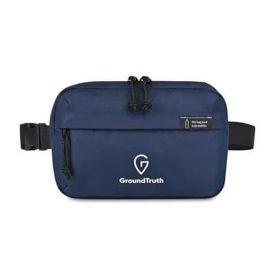 Navy recycled rPET waist pack with AWARE™ branding, zip pocket and adjustable strap, used for sustainable employee gifts and promotions