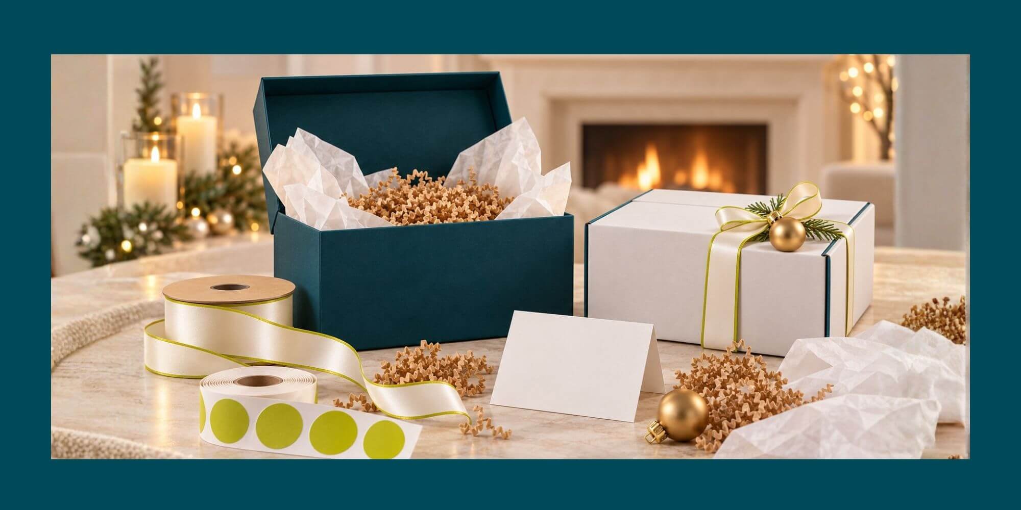 Branded holiday gift packaging arranged by a fireplace with custom boxes, tissue paper, satin ribbon, labels, crinkle fill, and an ornament.